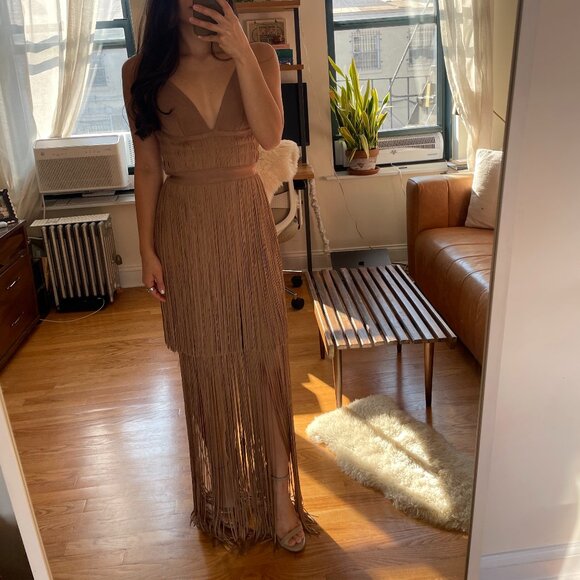 Herve Leger Plunging Fringe Gown | Toffee - Picture 2 of 10
